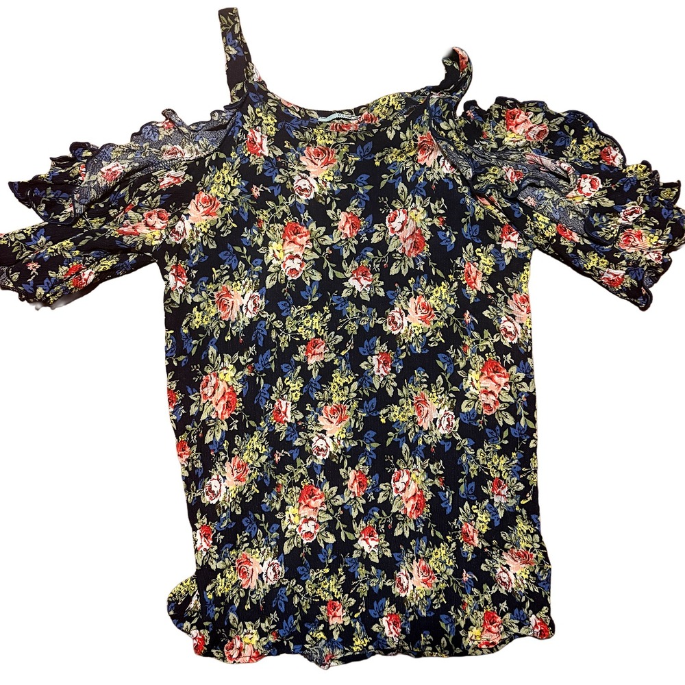 Women's Cold Shoulder Top Floral Blouse 3/4 Sleeve Size M 100% Rayon Casual